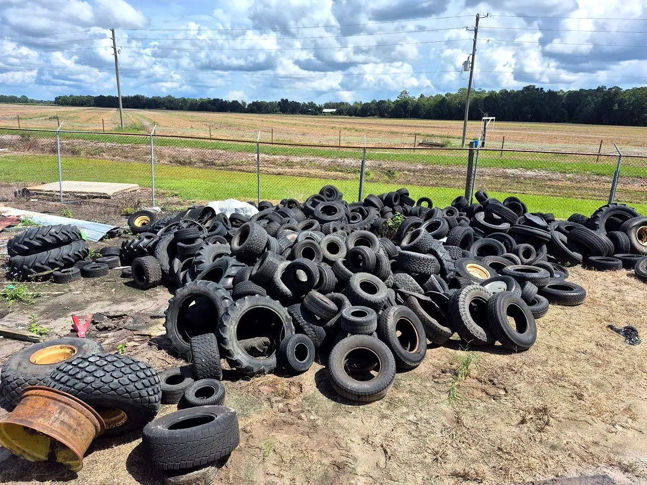 Agricultural and tractor tires collected from a farm